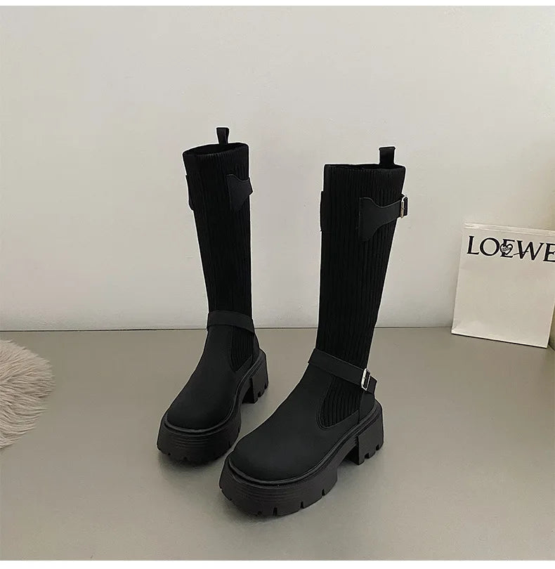 Long Boots Women New Knitted Elastic Boots Retro Thick-soled Women's High Boots Knee-length Boots Elegant Boots and Women shoes