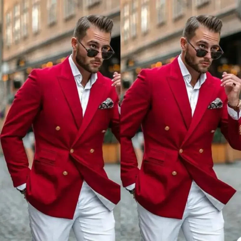 Solid Blazer for Men Peak Lapel Double Breasted Dinner Prom Jacket Elegant Smoking Slim Fit Suit Coat for Wedding/Business