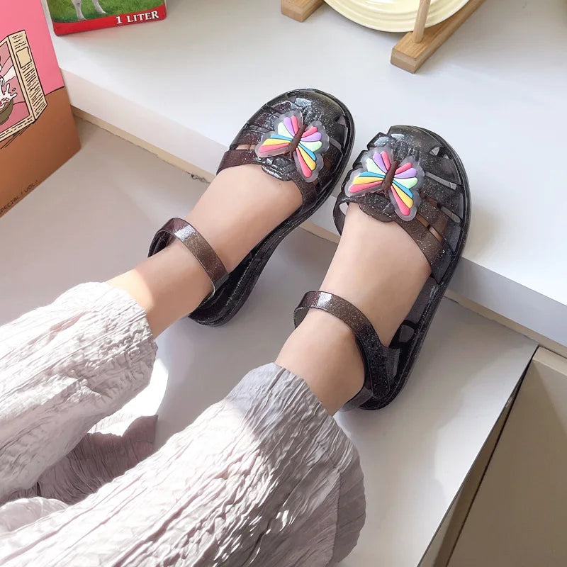 New Sandals Girls Slippers Summer Rainbow Butterfly Roman Shoes Crystal Jelly Shoes Princess Baby Sandals Beach Toddler Shoes