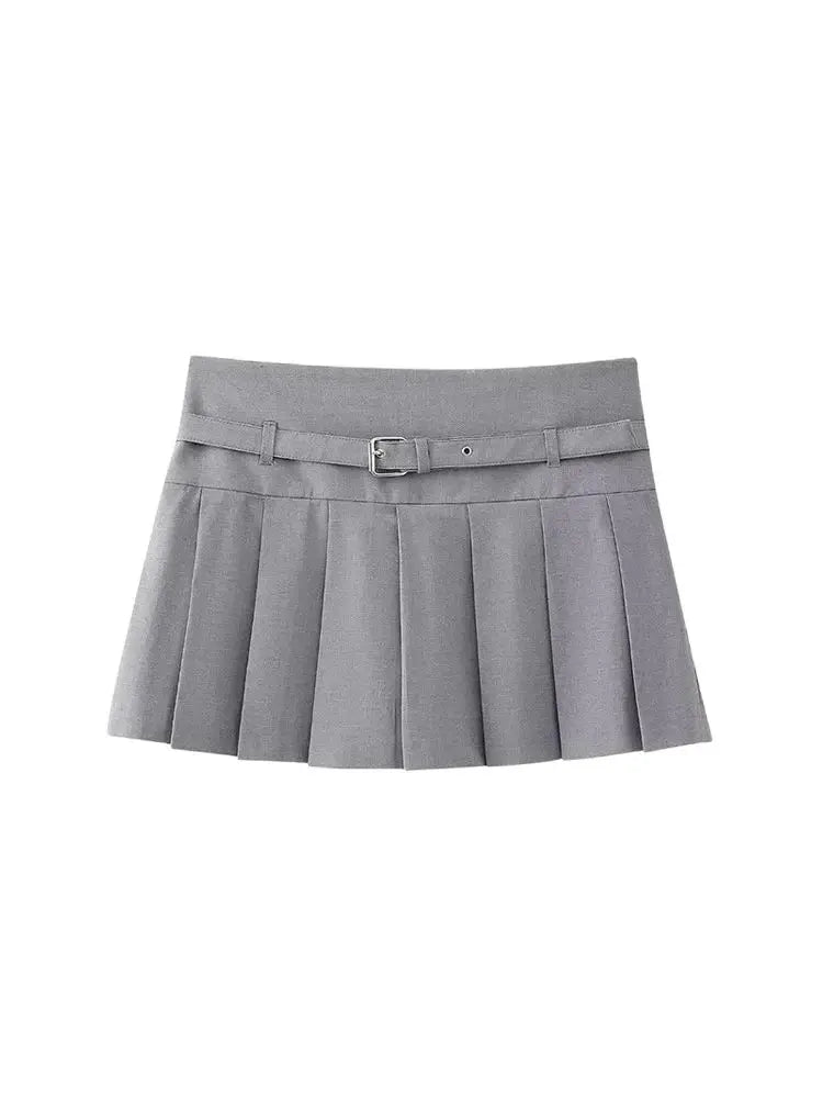 TRZA-Pleated Shorts Skirts for Women, With Belt,Side Zipper, Mid Waist, Female Skort,Fashion