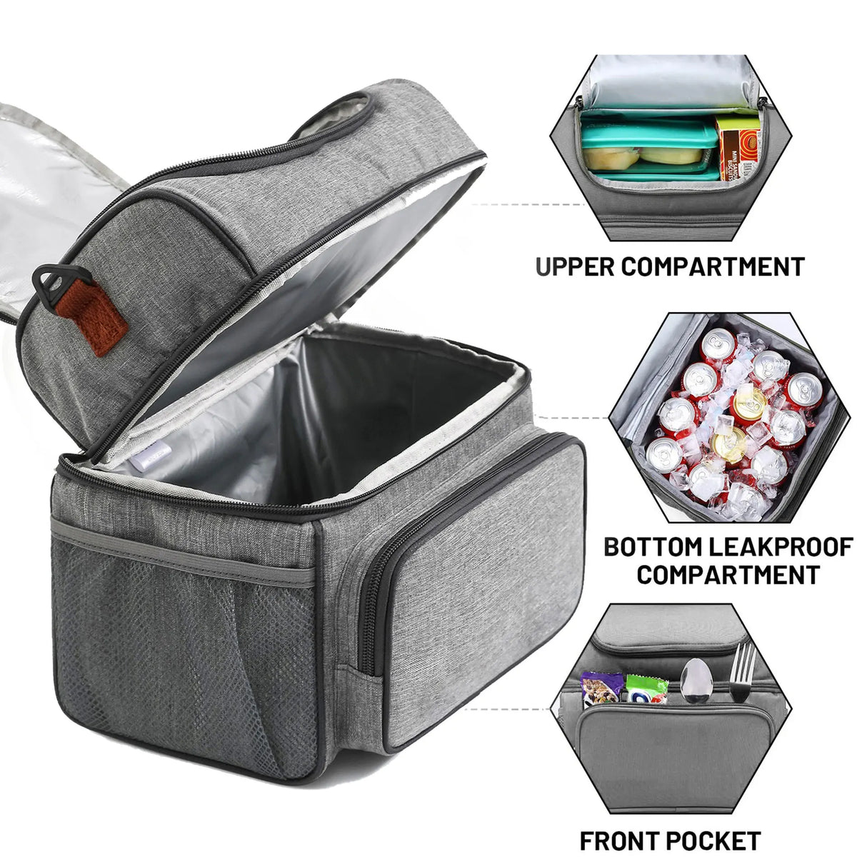 Lunch bag, double-layer insulated lunch box, large refrigerated handbag with detachable shoulder strap, open hot meal preparatio