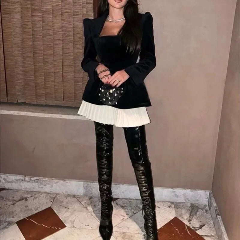 Elegant Velvet Long Sleeve Mini Dress For Women Fashionable Square Neck Pleated High Waist Dress For Women Chic Short Robe