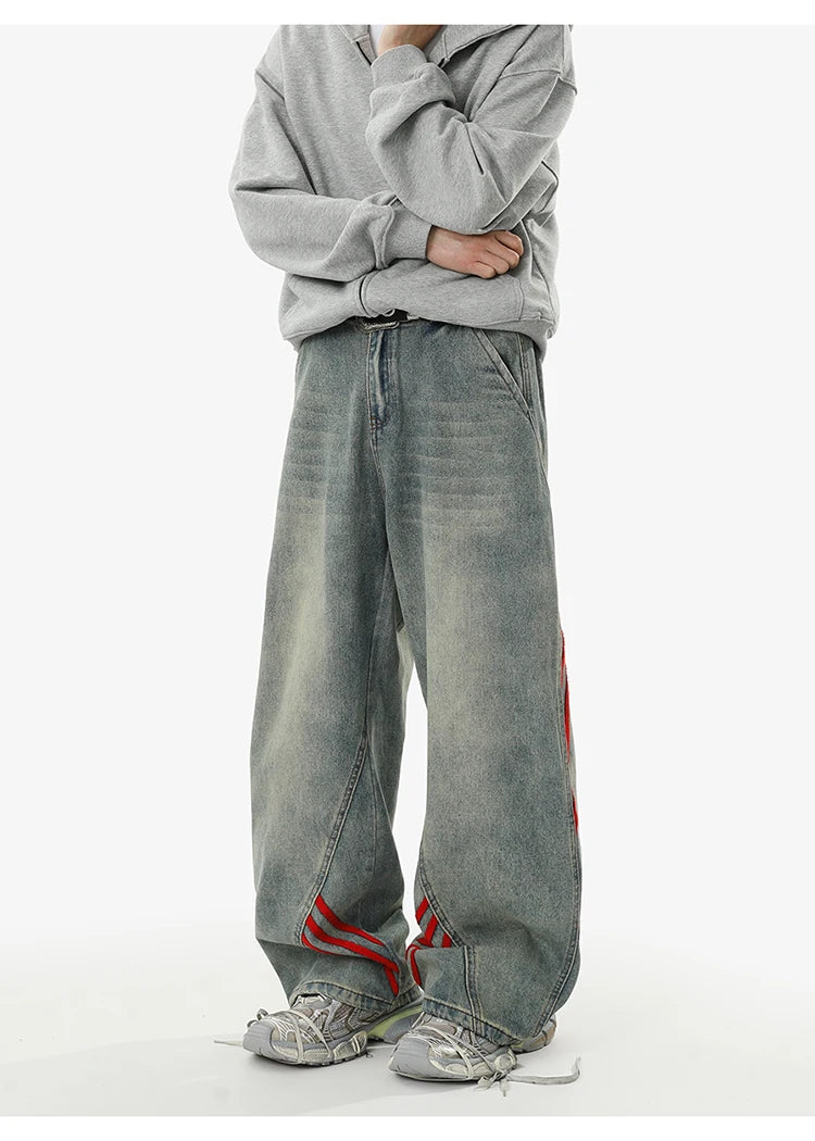 REBELOASIS American retro baggy wide leg jeans for men and women  loose casual striped washed long pants