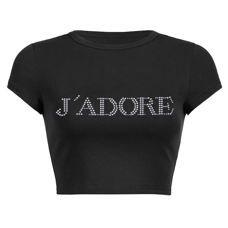 J'ADORE Letters Rhinestone Summer Crop Tops Black Y2k Streetwear Sexy Short Sleeve Tight Tshirts For Women Slim 2000s Clothes