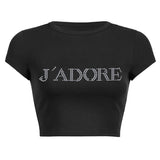 J'ADORE Letters Rhinestone Summer Crop Tops Black Y2k Streetwear Sexy Short Sleeve Tight Tshirts For Women Slim 2000s Clothes