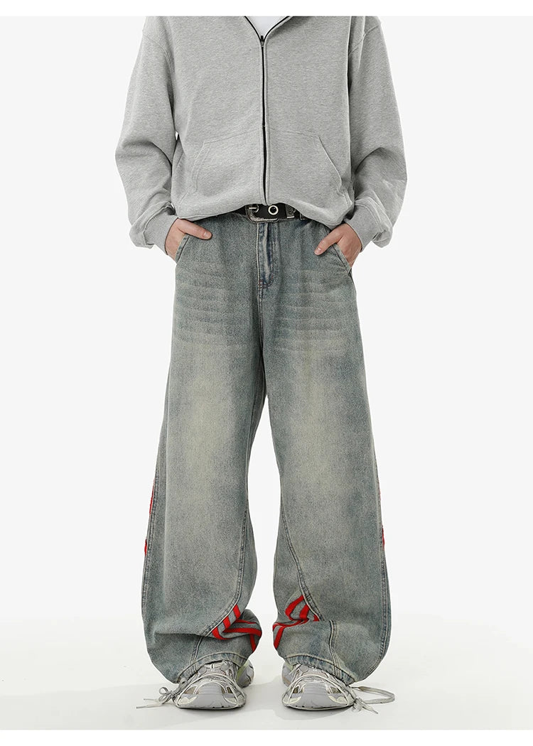 REBELOASIS American retro baggy wide leg jeans for men and women  loose casual striped washed long pants