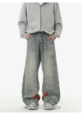 REBELOASIS American retro baggy wide leg jeans for men and women  loose casual striped washed long pants