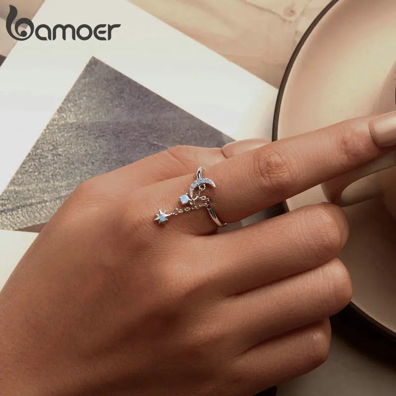 BAMOER 925 Sterling Silver Opal Star and Moon Chain Double Layer Ring for Women Wedding Adjustable Ring for Women Fine Jewelry