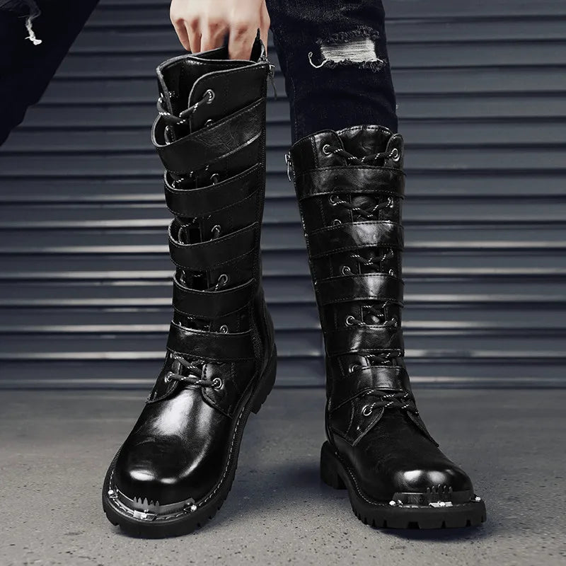 Black Motorcycle Boots Men's Leather High Boots Streetwear Designer Men Boots Punk Cowboy Boots Male Tooling Boots Big Size 46