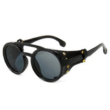 Steampunk Shields Sunglasses Men Women Classic Sun Glasses With Side Leather Round Eyewears Punk UV400 Lens