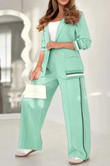 Pant Sets Women Wide Leg Pants Two Piece Set Button Coats Matching Sets Patchwork High Waist Elegant Trousers Pockets Sporty