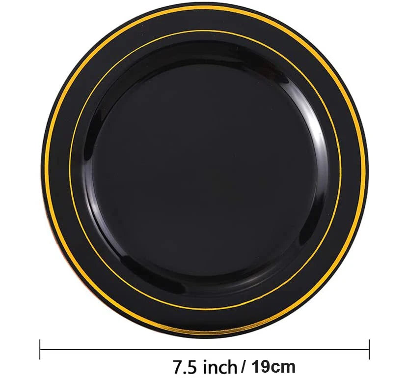 50/25Pieces Black Plastic Plates with Gold Rim-7.5inch Disposable Salad/Dessert Plates Party Plates-Ideal for Weddings& Parties