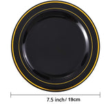 50/25Pieces Black Plastic Plates with Gold Rim-7.5inch Disposable Salad/Dessert Plates Party Plates-Ideal for Weddings& Parties