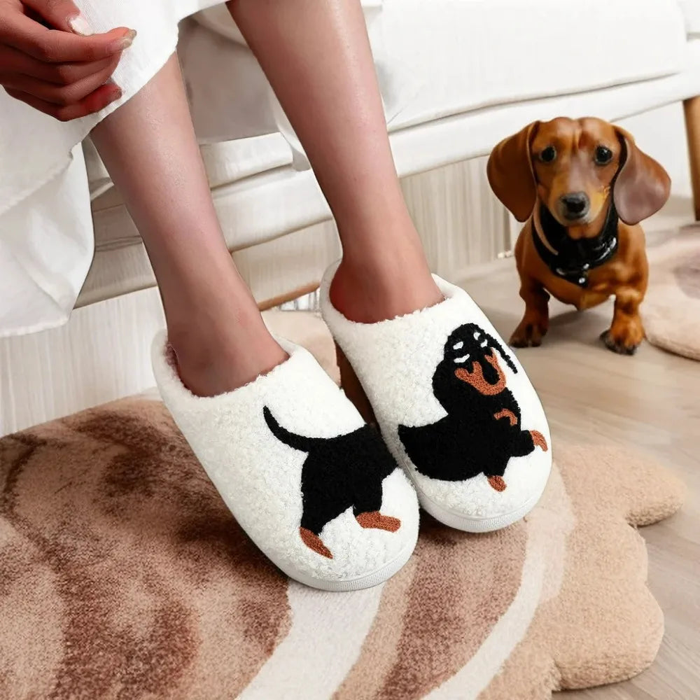Women's Fuzzy Slip-on Slippers Warm Cozy Soft Lightweight Indoor House Shoes Bedroom Slippers with Pet Dog Pattern