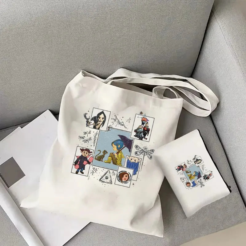Coraline Movie Tote Bag Halloween Canvas Bag Horror Movie Fantasy Shoulder Bag Film Tote Bag Coraline Cartoon Character Tote Bag