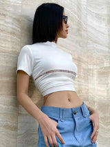 White T Shirts For Women Streetwear Letters Tshirt Hollow Out Crop Top Y2k Clothes Short Sleeve Ropa De Mujer Slim Fit Camisetas