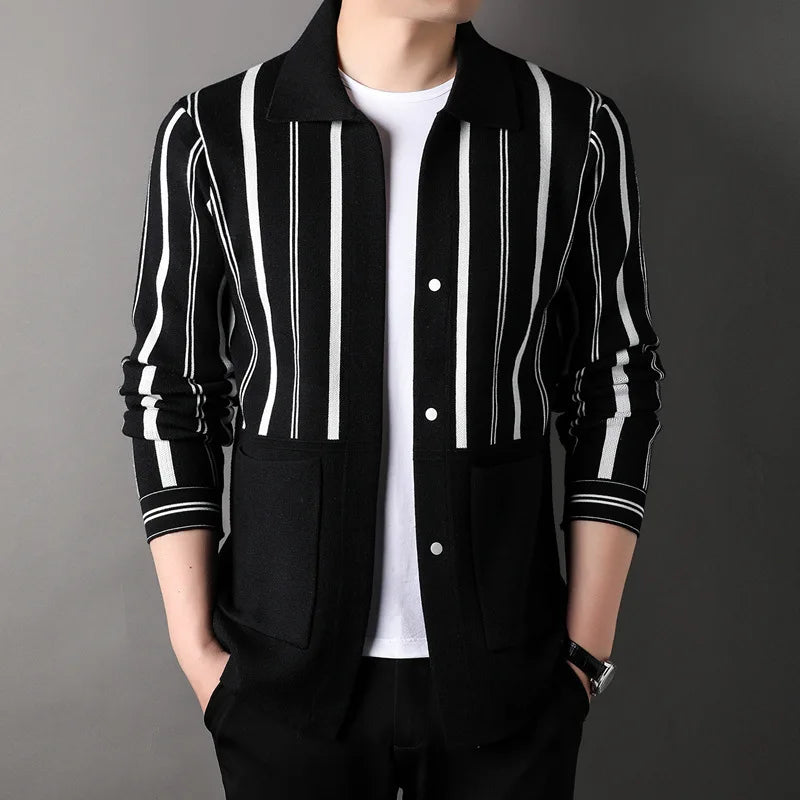 Middle-Aged Men's Cardigan Knitted Long-Sleeve T-Shirt Spring and Autumn New Model Collar Stripe Father's Leisure Sweater Coat