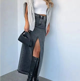 New Women's High Waisted Slit Denim Skirt Fashion Long Half Skirts for Women