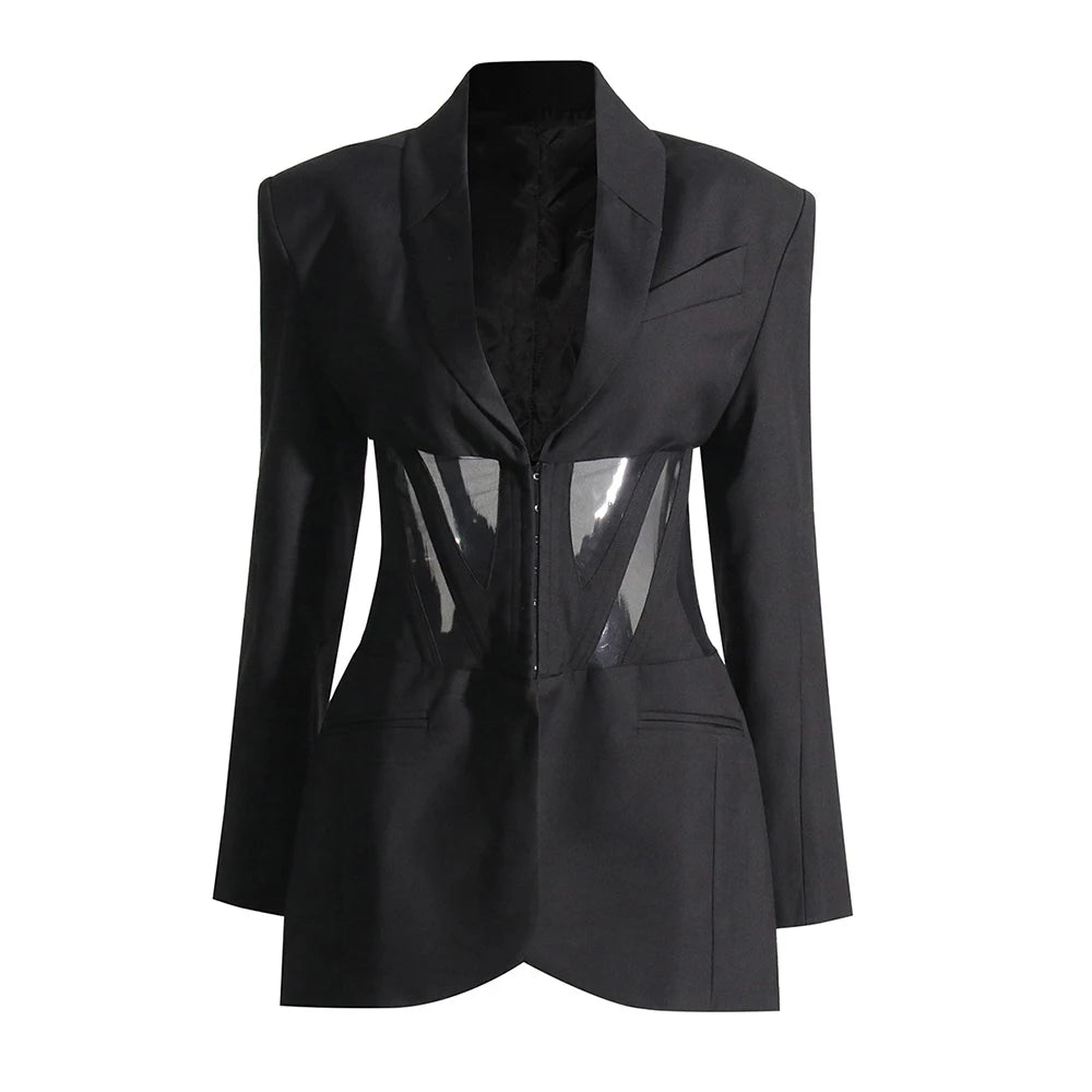 Patchwork Mesh Slimming Blazer For Women Notched Collar Long Sleeve Tunic Spliced Pocket Sexy Blazers Female New