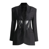 Patchwork Mesh Slimming Blazer For Women Notched Collar Long Sleeve Tunic Spliced Pocket Sexy Blazers Female New