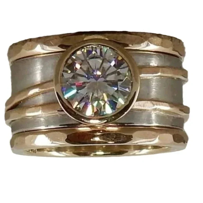 Personalized fashion new heavy industry wide-face inlaid zircon two-color electroplated men's and women's rings