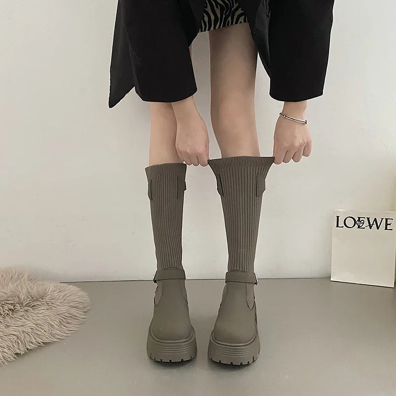 Long Boots Women New Knitted Elastic Boots Retro Thick-soled Women's High Boots Knee-length Boots Elegant Boots and Women shoes