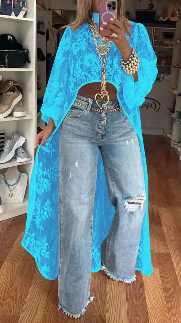 Spring Summer Fashion Solid Color Lace Blouses Women Sexy Perspective High Neck Irregular Holiday Tops Elegant Dress Women Y2k