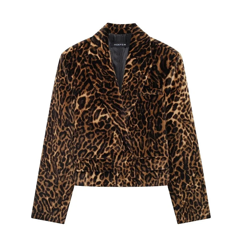 TRAF Leopard Print Blazer for Women Luxury Velvet Women's Blazers Suit Set Long Sleeve Office Blazer Woman Fashion Outerwears