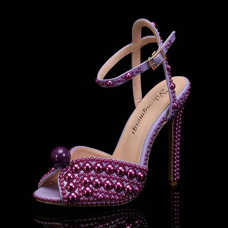 Sweet Handmade Pearl Stiletto Line With Shallow Cut Party Wedding Shoes Thick Heels High Heels For Women