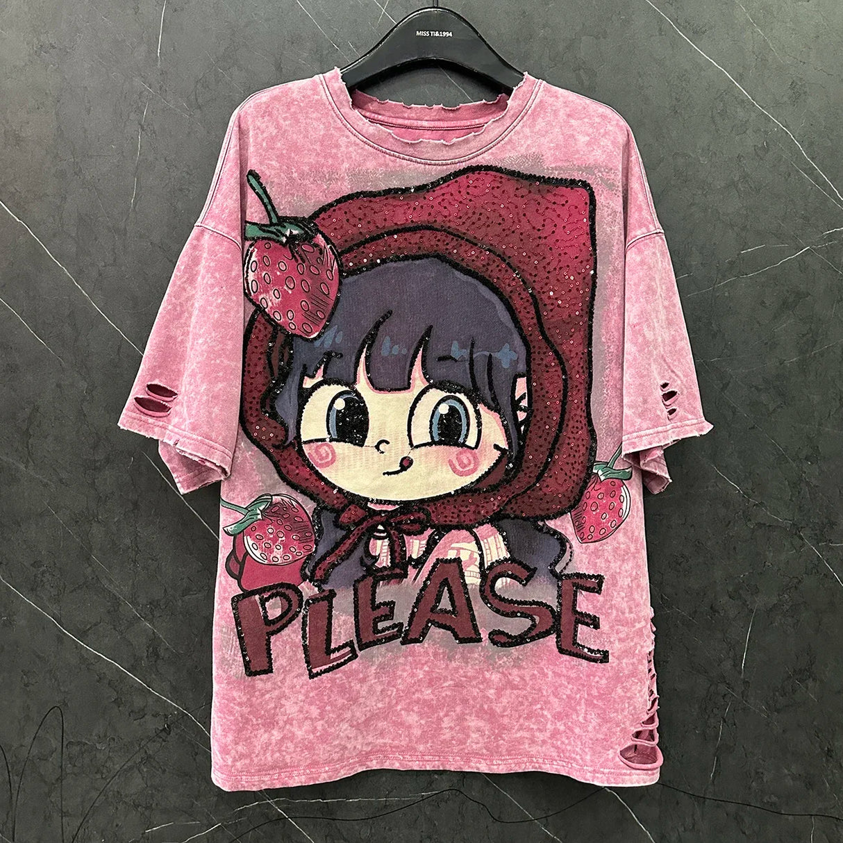 Fashion Hole Design Cartoon Strawberry Girl Sweet T-shirt Top Winter Loose Short-sleeved Women Half-sleeved Tshirts for Women