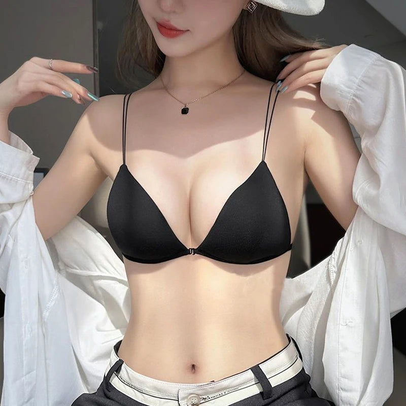 Women's underbra without underwire, thin and small bra for women, with a sexy front buckle and a beautiful back