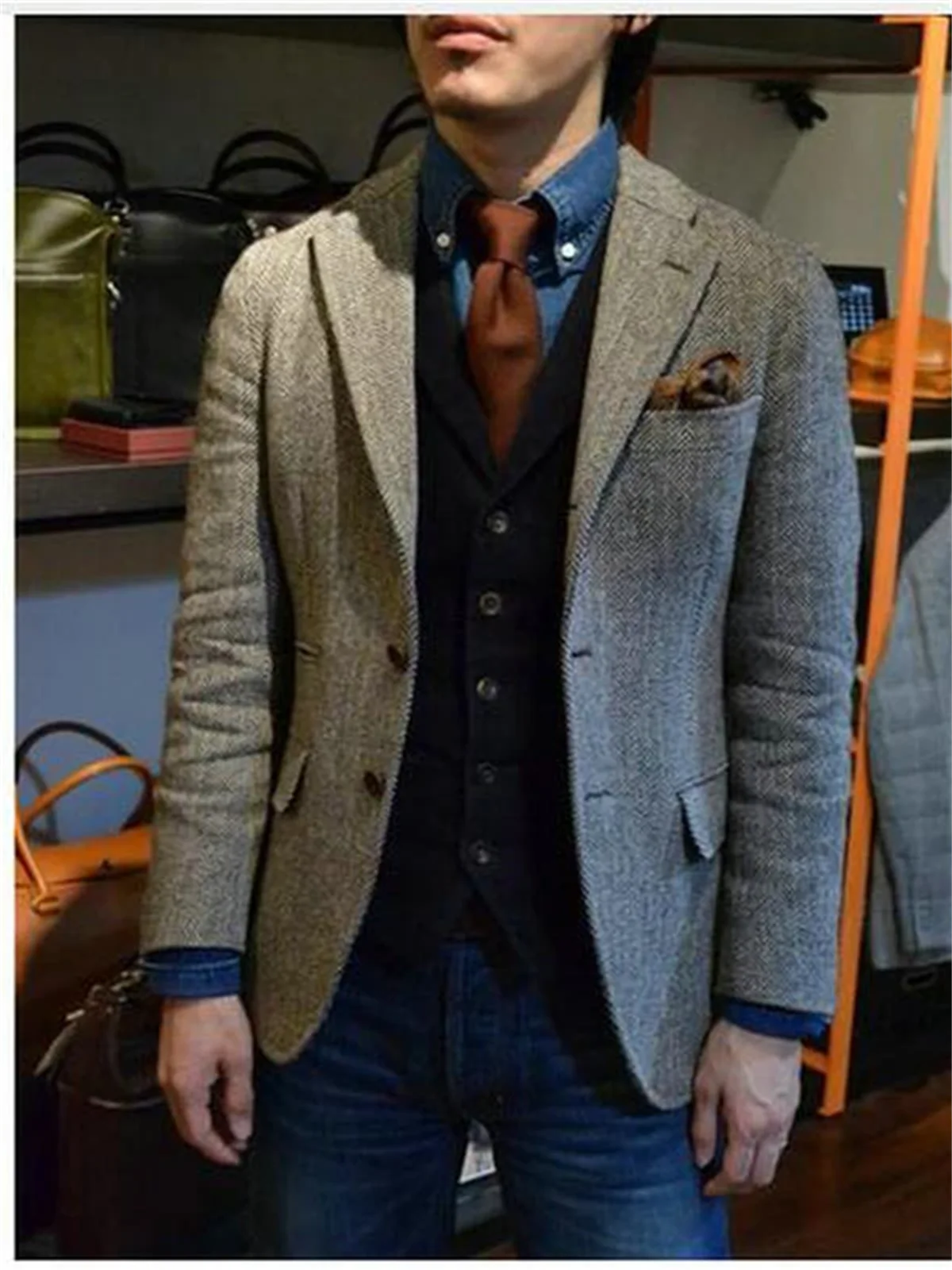 1Pieces Blazer for Men Herringbone Jacket Business Office Coat Winter Warm Wool Suit Lapel Single Breasted Clothes