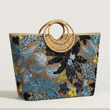 Women's Tote Bag Bead Flower Round Hand Weave Capacity Large Tote Bag Beach Bag