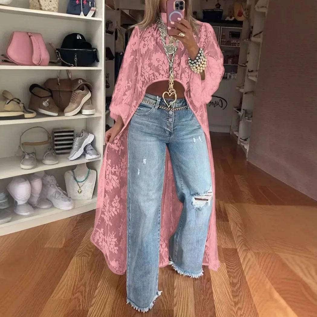Spring Summer Fashion Solid Color Lace Blouses Women Sexy Perspective High Neck Irregular Holiday Tops Elegant Dress Women Y2k