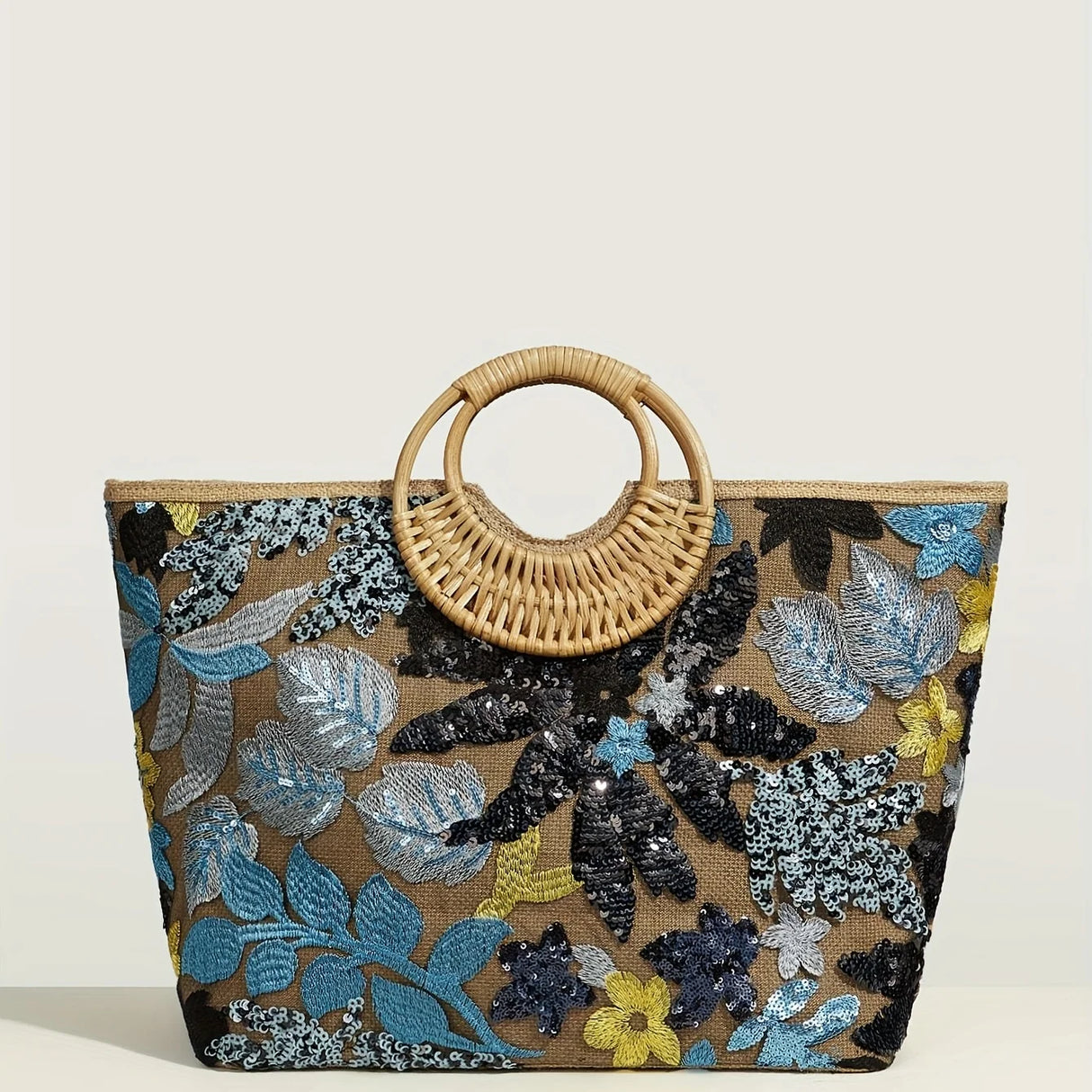 Women's Tote Bag Bead Flower Round Hand Weave Capacity Large Tote Bag Beach Bag