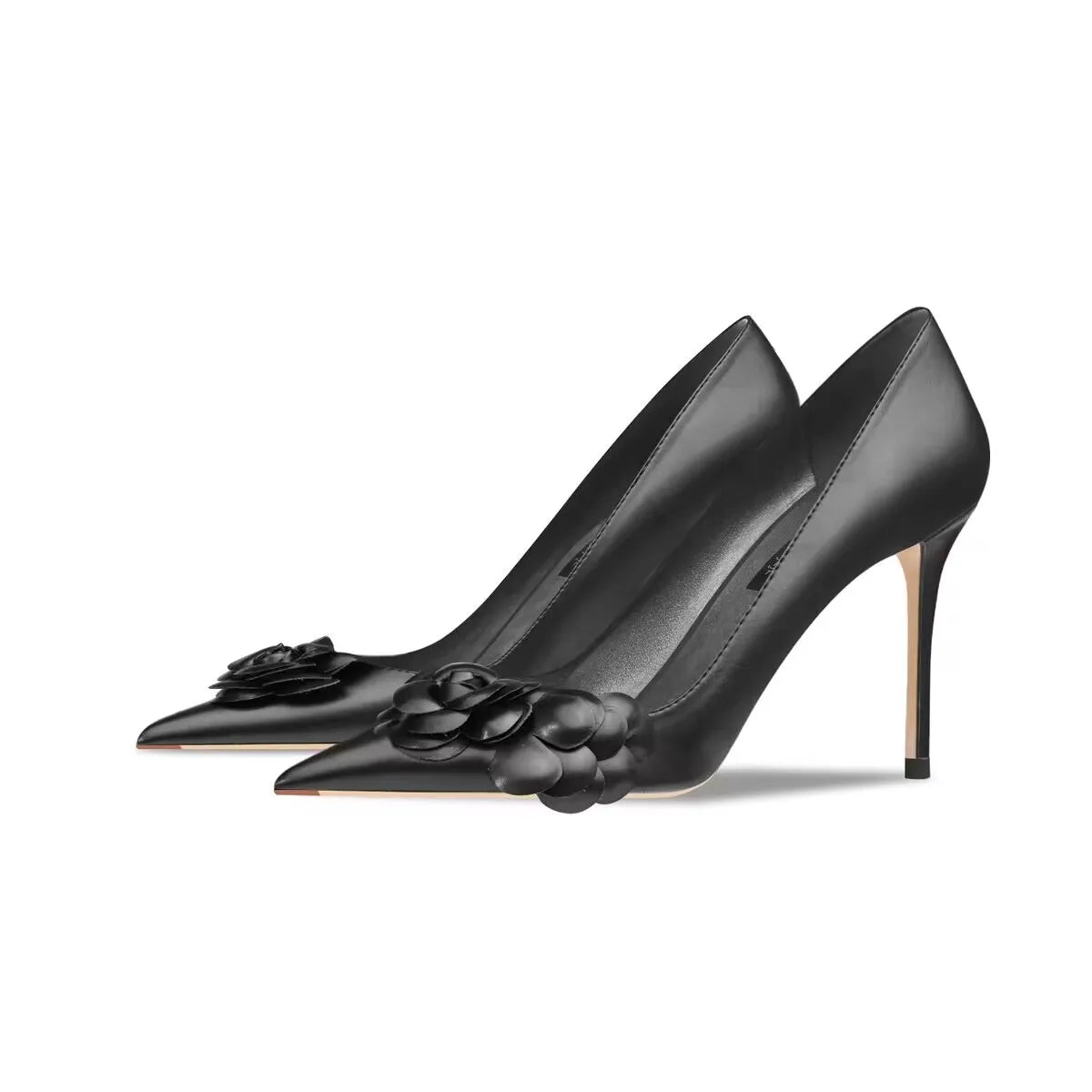 Real leather black camellia high heels for women 2024 new French pointed thin heel design, niche temperament single shoe