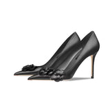 Real leather black camellia high heels for women 2024 new French pointed thin heel design, niche temperament single shoe