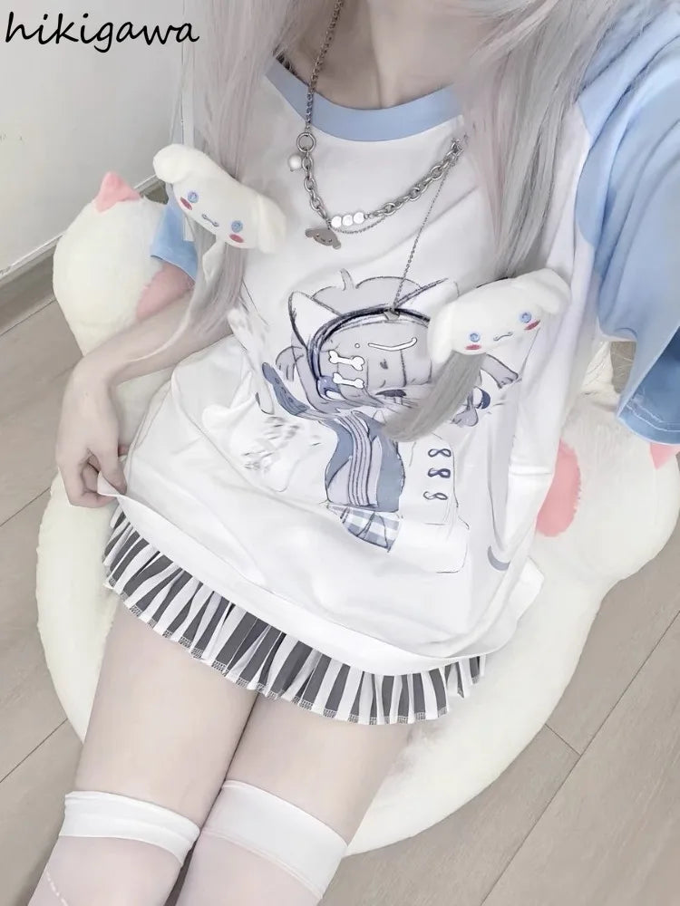 2025 Ropa Mujer Japanese Tshirts for Women Oversized Tops Patchwork Summer Tees Anime Print Casual T Shirt Fashion Y2k T-shirts