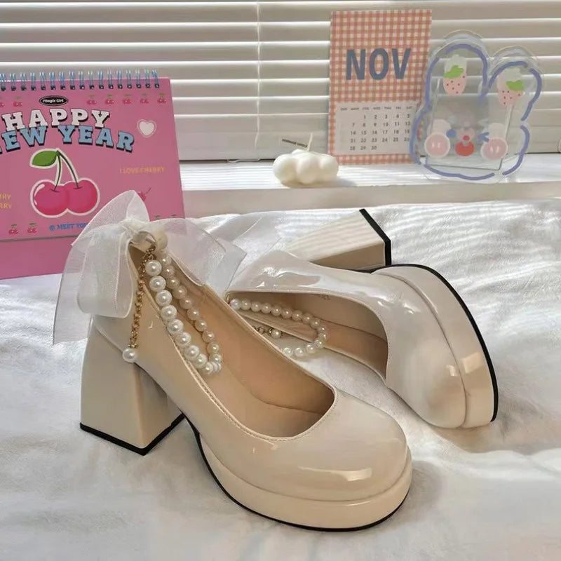 Fashion Women's High Heels with Elegant Bows Women Shoes Thick Heel Shoes for Women Retro Party Square Toe Pearl Sandals
