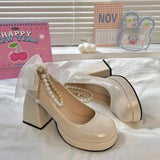 Fashion Women's High Heels with Elegant Bows Women Shoes Thick Heel Shoes for Women Retro Party Square Toe Pearl Sandals
