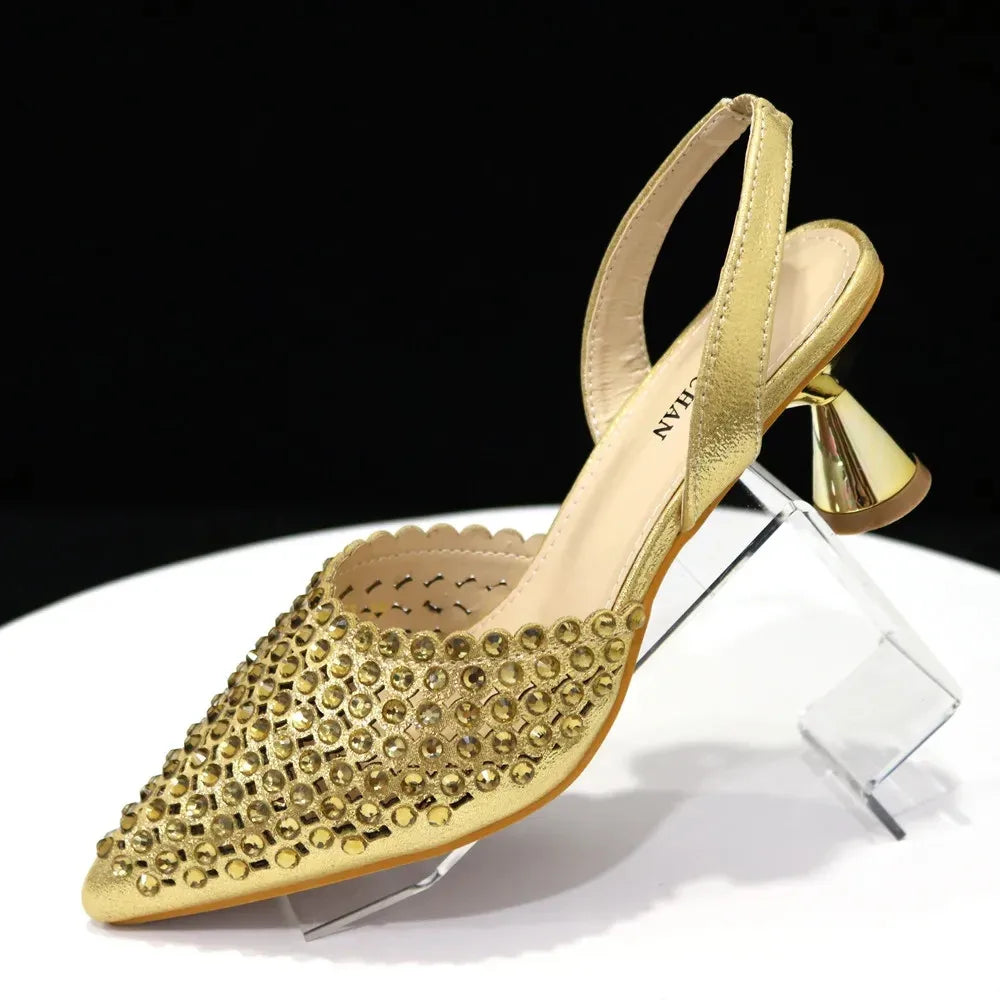 Popularity Pointed Toe Heels for Women 2024 Elegant Party Golden Color Full Diamond Pumps Italian Shoes and Bags Matching Set