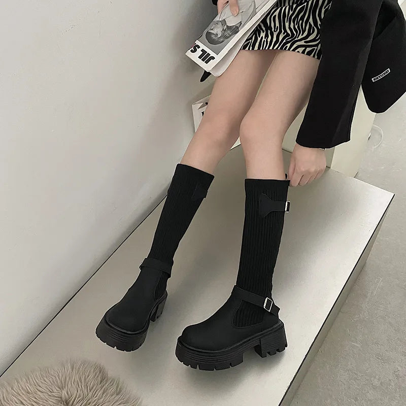 Long Boots Women New Knitted Elastic Boots Retro Thick-soled Women's High Boots Knee-length Boots Elegant Boots and Women shoes