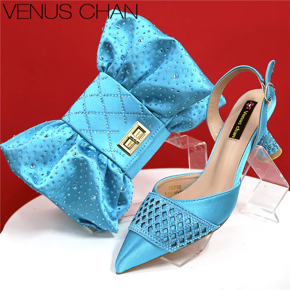 2025 Heel Shoes for Women Hollowed Out Embroidery Rhinestone Italian Design Green Color Pointed-Toe Shoes and Bags Set