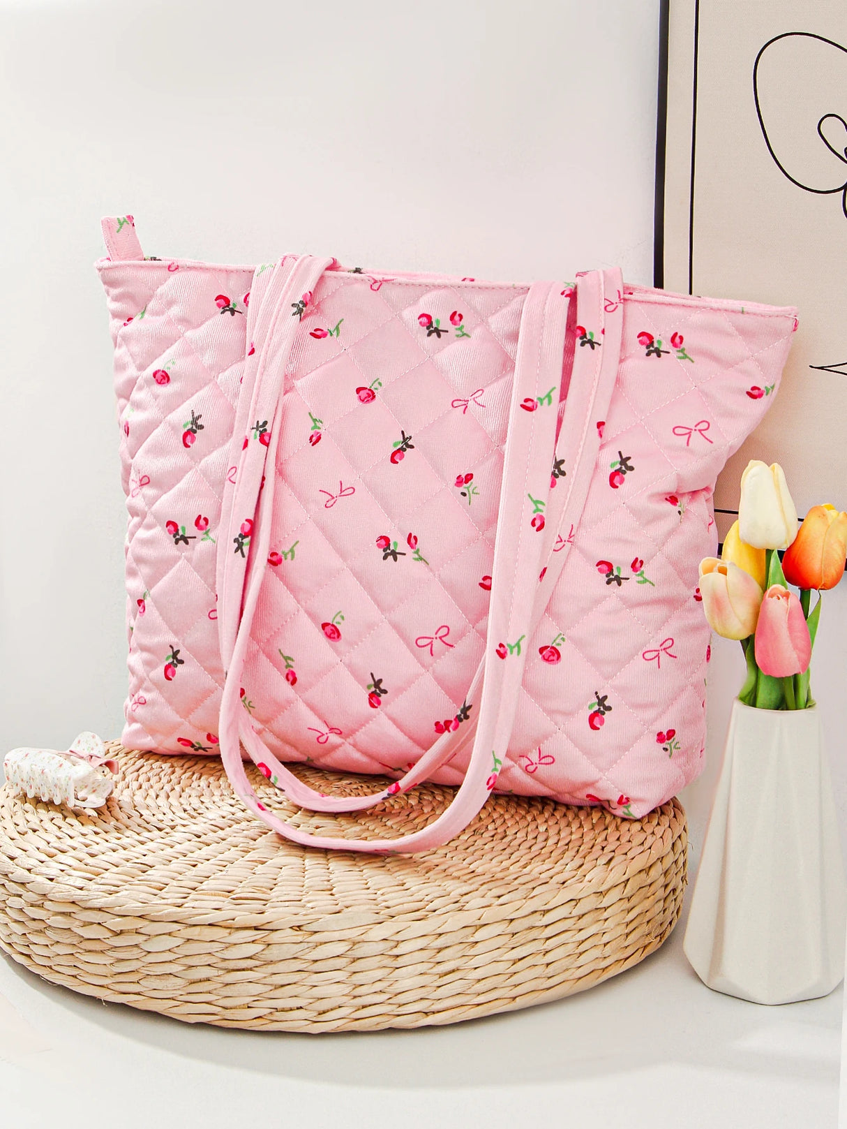 1pcs Fashion Bow and Rose Floral Tote Bag, Cute High-end Girls Casual Fashion Tote Bag, Large Capacity Women Suede Tote Bag, Cut