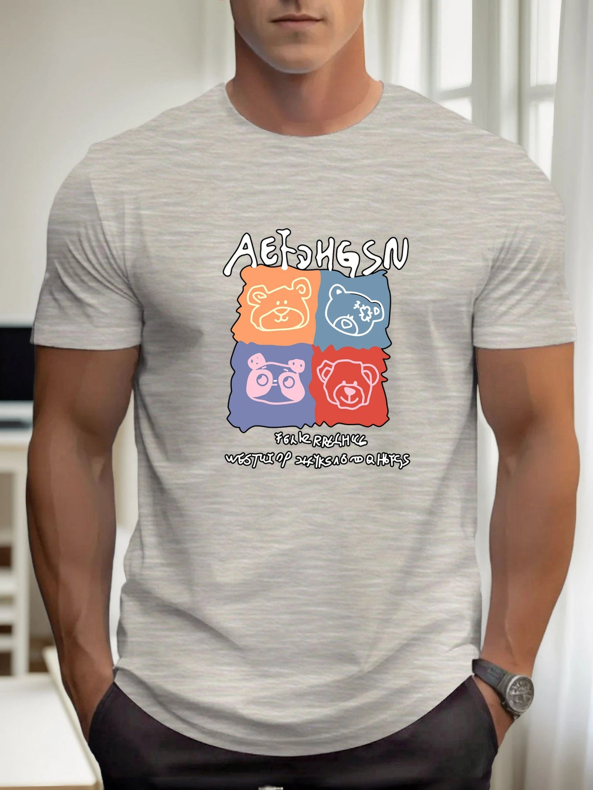 T Shirts For Men Bear 100% Cotton Graphic Printing Summer Round Neck T-Shirt Casual Breathable Street Style Daily Top