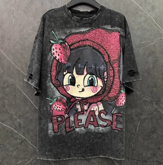 Fashion Hole Design Cartoon Strawberry Girl Sweet T-shirt Top Winter Loose Short-sleeved Women Half-sleeved Tshirts for Women