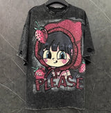 Fashion Hole Design Cartoon Strawberry Girl Sweet T-shirt Top Winter Loose Short-sleeved Women Half-sleeved Tshirts for Women