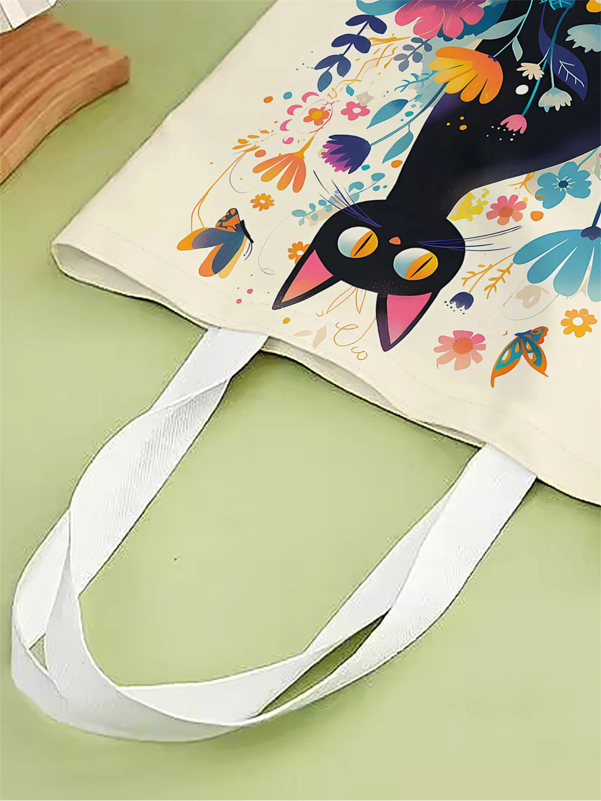 1pc,black cat tote bag, reusable fashion tote bag, multi-functional tote bag, printed canvas shopping bag