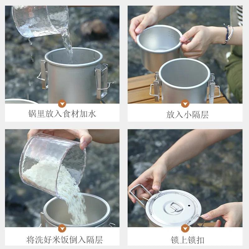 Camping Steel Cooking Pot Steam Pot Noodle Rice Cooker Combine Set