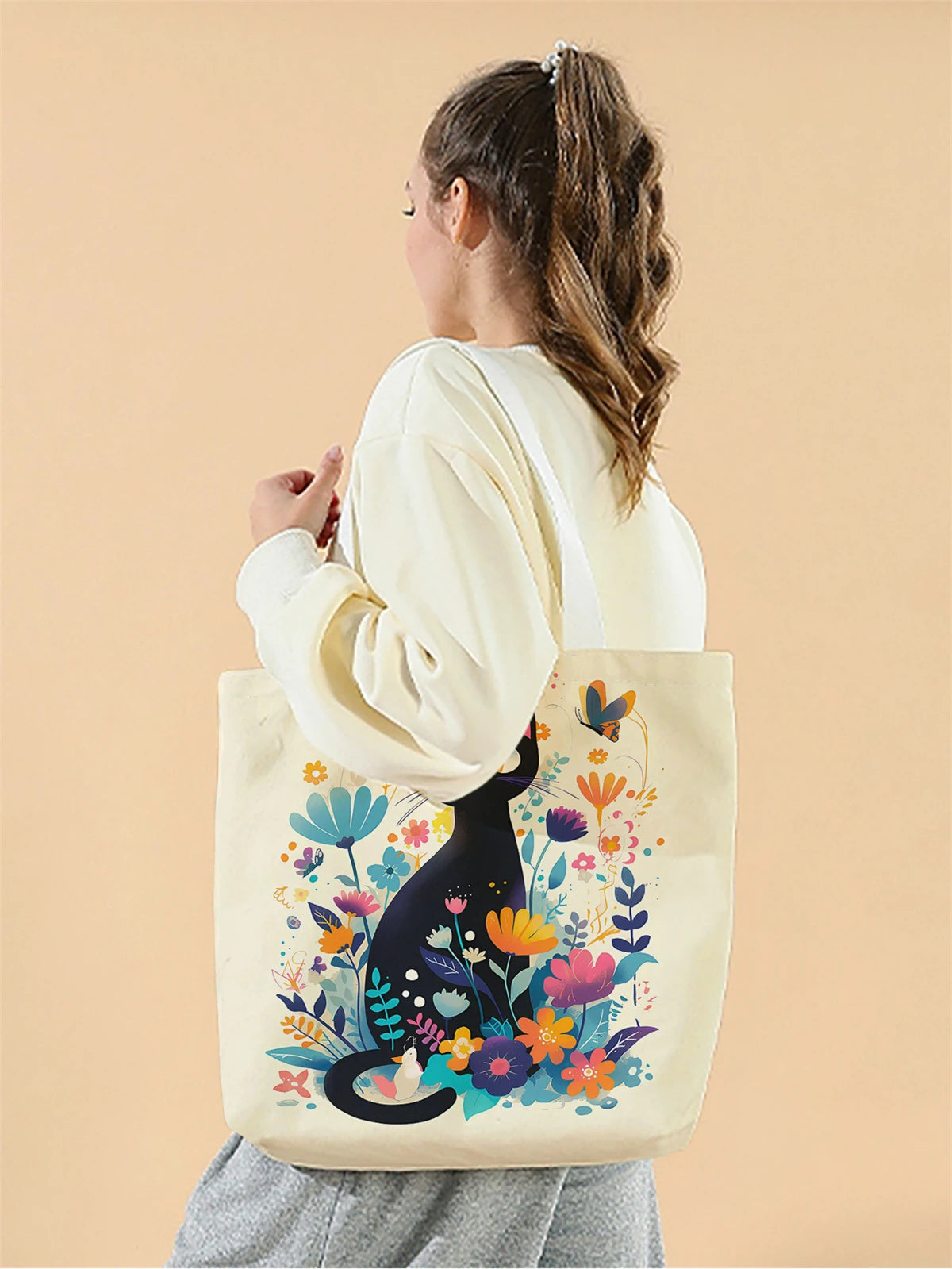 1pc,black cat tote bag, reusable fashion tote bag, multi-functional tote bag, printed canvas shopping bag